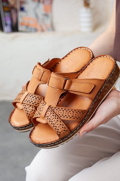 Adım Adım Women's Tan Genuine Leather Orthopedic Slippers