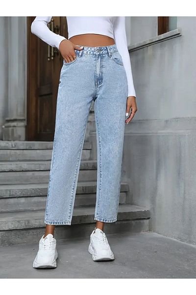MAKRAS EXCLUSIVE Blugi Mom Jean albaștri din Lycra cu talie înaltă și cinci buzunare - spălat pe zăpadă