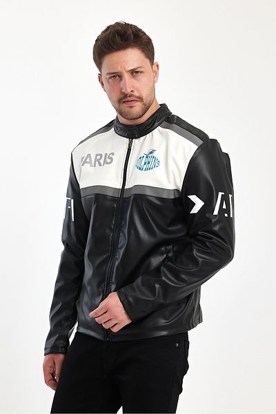 Black Level Ανδρικό μπουφάν Biker Biker Oversize - Παλτό Racer College με ρίγες και φερμουάρ