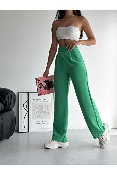 NO 601 Pantaloni largi Palazzo, cu velcro, din stofă verde de in
