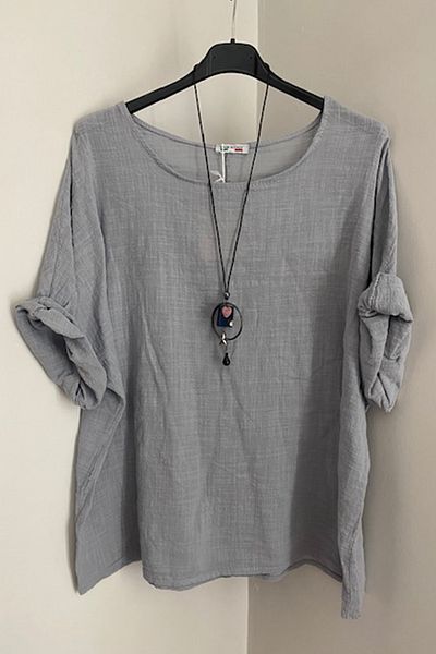 AYASOFYA OTANTIK Women's Italian Gray Oversize Casual Blouse with Necklace Accessories