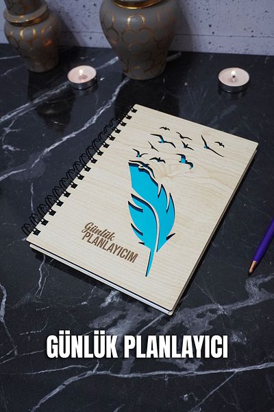 markcat Pix cu pene de pasăre Caiet de planificare din lemn - Agenda fără timp - Planificator zilnic (Caiet de planificare) A5