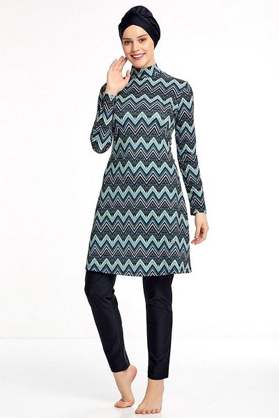 Kapılı Women's Lycra Long Sleeve Geometric Pattern Full Covered Hijab Swimsuit