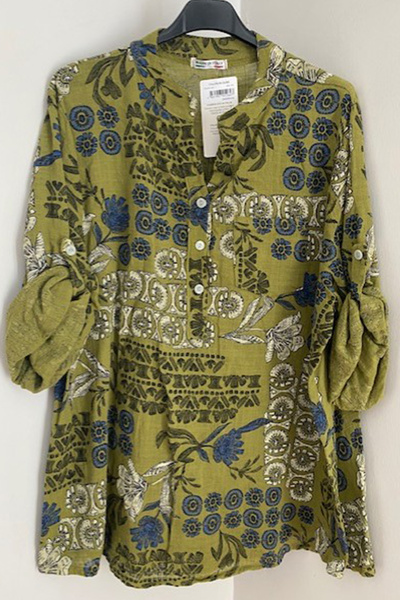 AYASOFYA OTANTIK Жіноча італійська оливково-зелена блуза з ґудзиками, коміром...