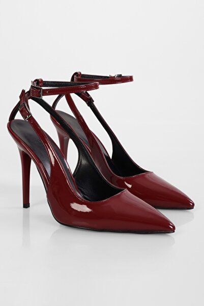 Shoeberry Women's Mila Claret Red Patent Leather Belted Ankle Stiletto