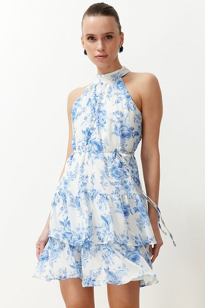 Trendyol Collection Ecrufarbenes A-Linien-Kleid aus gewebtem Chiffon mit Blumenmuster und Mini-Futter TWOSS23EL02056