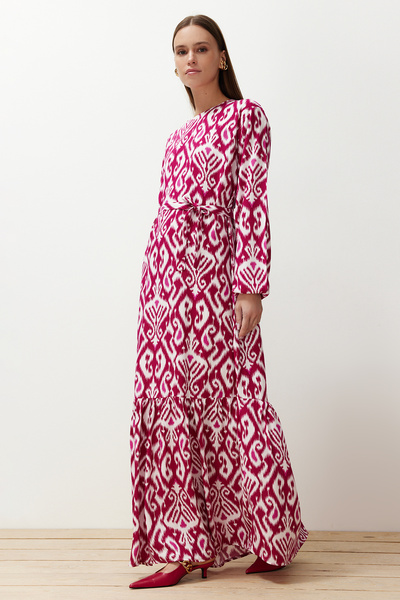 Trendyol Modest Φούξια υφασμένο φόρεμα βισκόζης με μοτίβο με περιτύλιγμα TCTSS24EB00240
