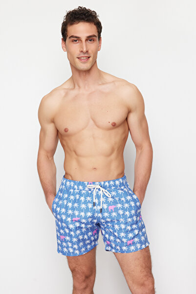 Trendyol Collection Μπλε μαγιό με στάνταρ εφαρμογή με σχέδιο παλάμης TMNSS24DS00009