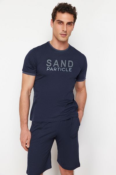 Trendyol Collection Námořnická modrá sada pyžama s výstřihem Regular Fit s pletenými šortkami TMNSS24PT00048