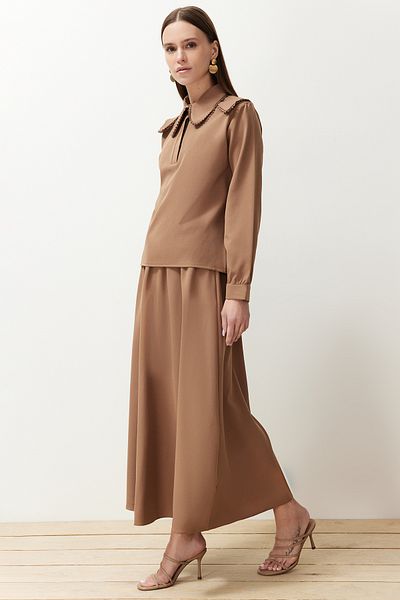 Trendyol Modest Brown Baby Collared Woven Fabric Top and Bottom Skirt Tunic Set TCTSS24US00064