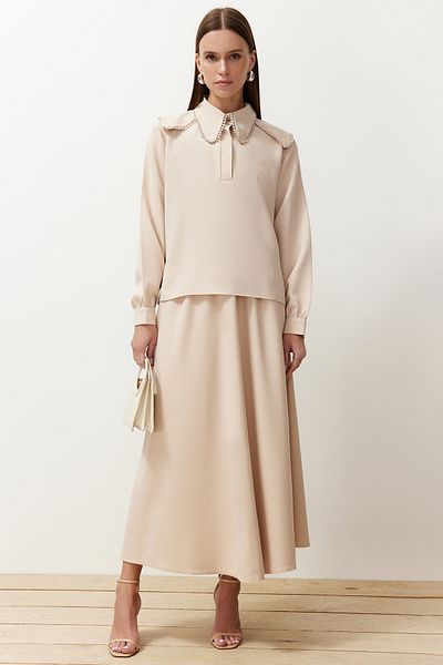 Trendyol Modest Bézs baba galléros szövött szövet felső és alsó szoknya tunika szett TCTSS24US00064