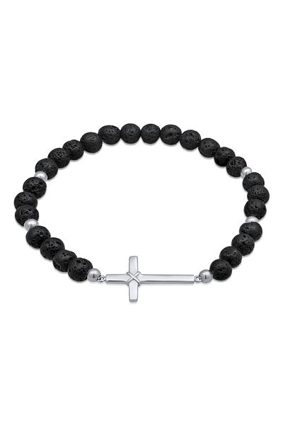 KUZZOI 925 Silber Lava Perlen Schwarz Kreuz Armband