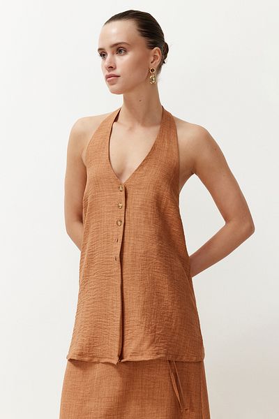 Trendyol Collection Camel Regular Linen Look Buttoned Woven Vest TWOSS24YE00046