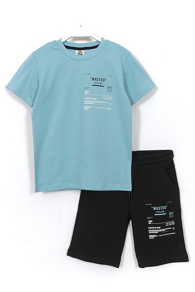 DobaKids Wasted Feeling Slogan Printed Boys' Summer Set 2 8-15 Years Baby Blue