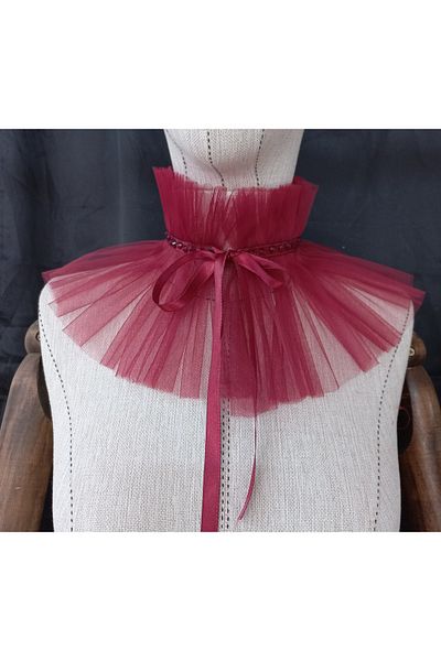 es moda shop Claret Red Jolie Tulle Neck Collar - Stone Detailed