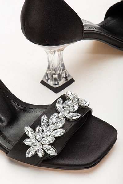ELMANDO Pantofi cu toc transparent de piatră pentru femei din satin negru