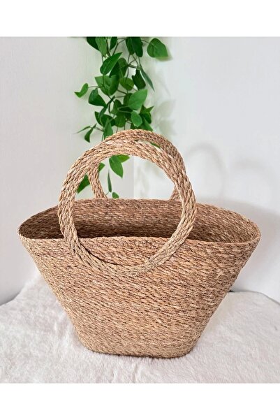 Evistro Dekoratif Kulplu Hasır Sepet Plaj Çanta Sele 35x20cm