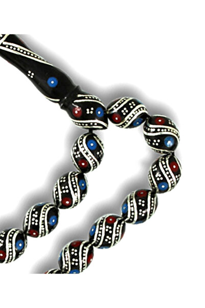 AbbasShop Mavi Kırmızı Mine ve Gümüş İşlemeli Erzurum Oltu Taşı Tesbih