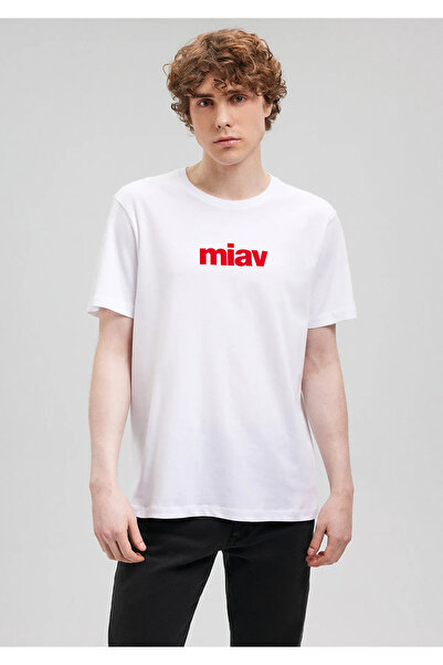 Mavi Kırmızı Miav Baskılı Beyaz Tişört Regular Fit / Normal Kesim 067153-620