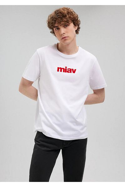Mavi Λευκό μπλουζάκι με κόκκινη στάμπα Miau κανονική εφαρμογή / Κανονική εφαρμογή 067153 -602-455