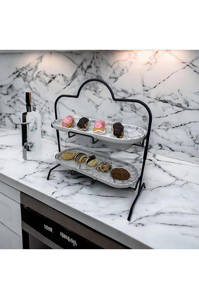 decorelax 2-Tier White Silver Floor Marble Patterned Melamine 13x32cm Metal Presentation Stand - M for Catering and Serving