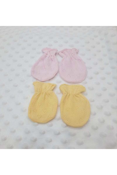 BERKAY 1 Pair Pink and 1 Pair Yellow Jacquard Cotton Baby Gloves
