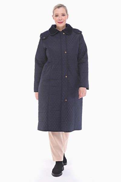 VETRE Women's Large Size Hooded 120 Cm Navy Blue Quilted Coat 1020