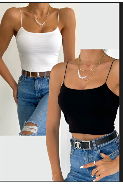 MSFEELSPECİAL Kadın İp Askılı Crop Bluz Beyaz & Siyah 2li Şık Set