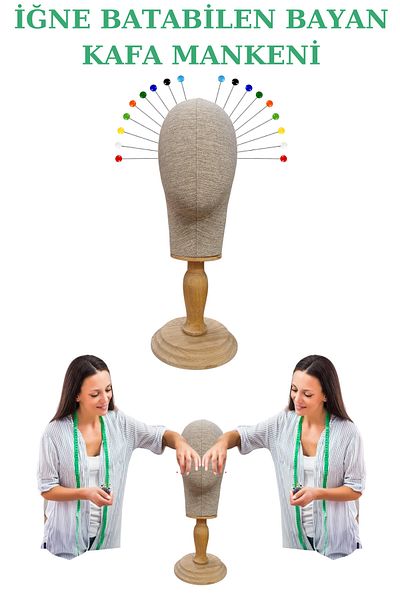 Manken İstanbul Upright and Horizontal Needle Covered Fabric with Wooden Stand Head Mannequin Wig Accessory Mannequin
