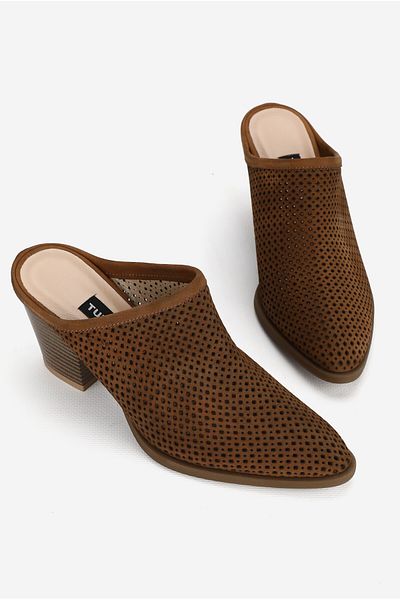 TUNAELLİ WOMEN'S TAN SUEDE GENUINE LEATHER HEELED FRONT CLOSED SABO SLIPPERS