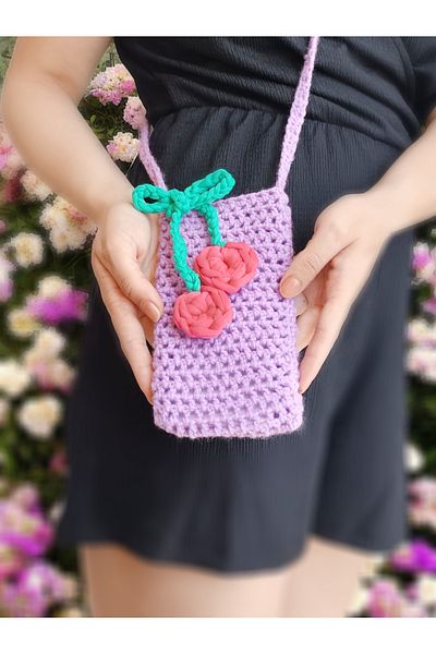 Talai Knitting Geantă de umăr mov tricotată manual cu curea din cordon de cireș - Geantă pentru telefon