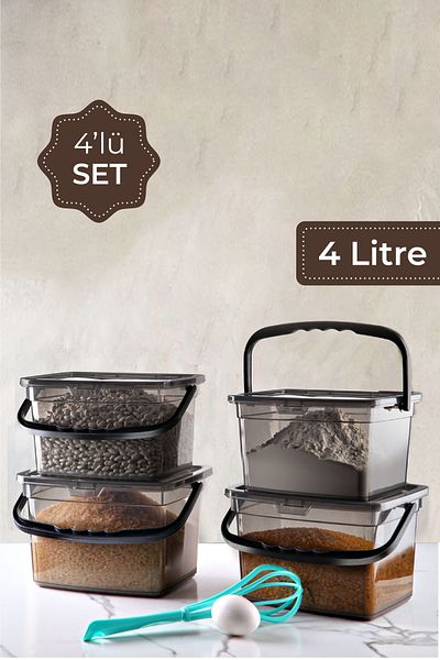 Vienev 4-Piece Mega Size Square Flour Pulses Container - 4 Liter Anthracite Detergent Storage Box with Handle