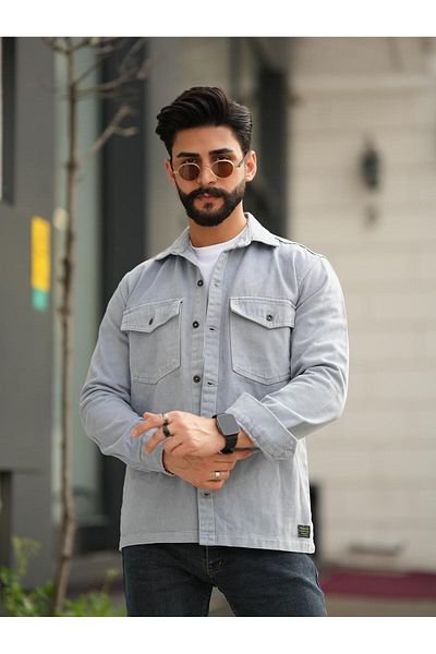 PASSWORD Cămașă din denim BĂRBAȚI GREY GREY fără lycra spălat oversize