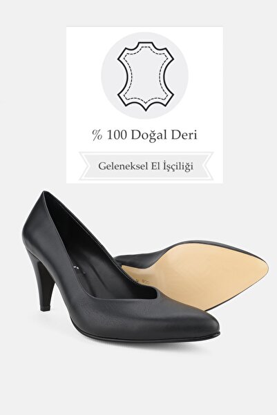 TUNAELLİ KADIN SİYAH HAKİKİ DOĞAL DERİ 35-41 NUMARA İNCE TOPUKLU AYAKKABI