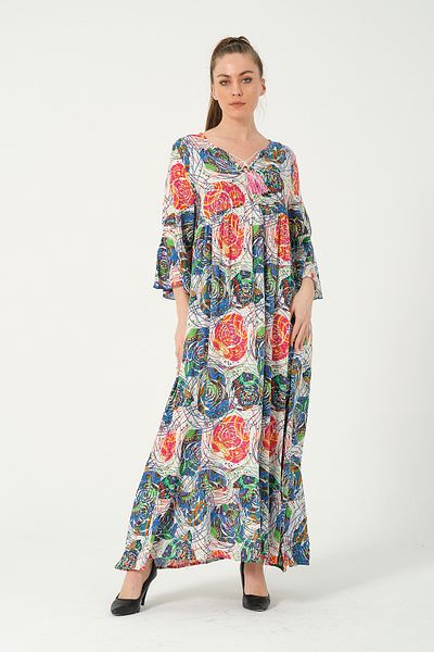 Bojack Collection Ethnic Authentic Patterned Oversize Large Size Sleeve Frilly Viscose Women's Dress