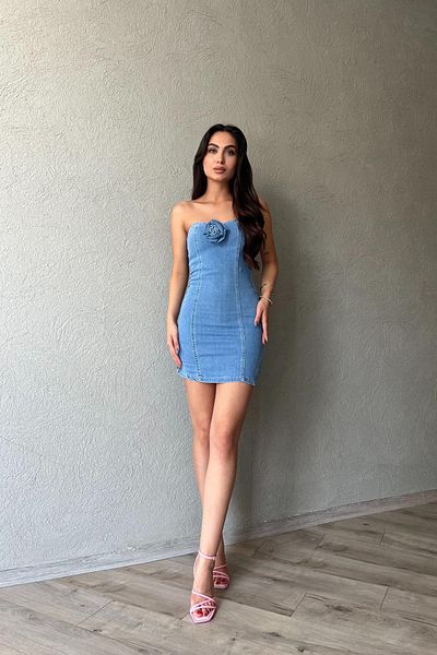 Seda Yalçın Atelier Blue Strapless Rose Brooch Detailed Denim Dress