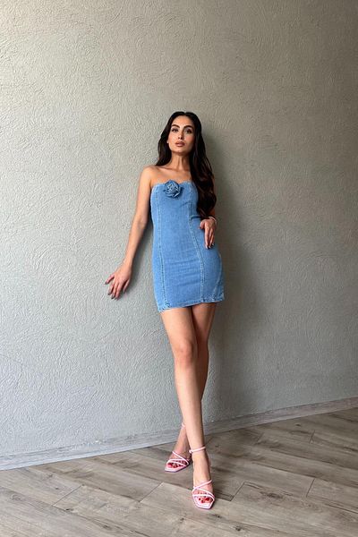 Seda Yalçın Atelier Blue Strapless Rose Brooch Detailed Denim Dress