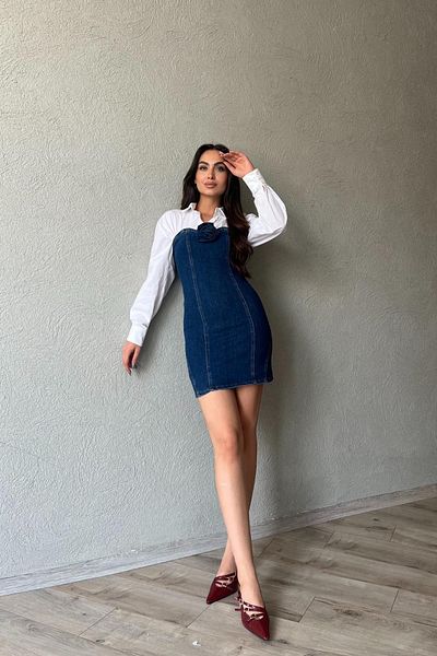 Seda Yalçın Atelier Dark Blue Strapless Rose Brooch Detailed Denim Dress