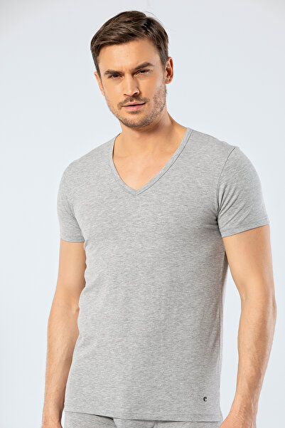 Cacharel 1306 Сірий меланж чоловічий V-подібний комір короткий рукав T-shirt