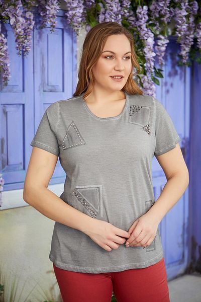 Imagine Giyim The Elegance of Smoke: Women's Geometric Print Stone Embroidered Large Size T-Shirt