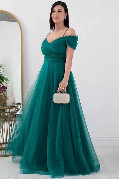 PULLIMM Strappy Madonna Collar Long Tulle Dress 13413