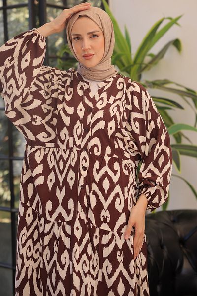 benguen 2324 Καφέ Φόρεμα Hijab με μοτίβο μπροστά