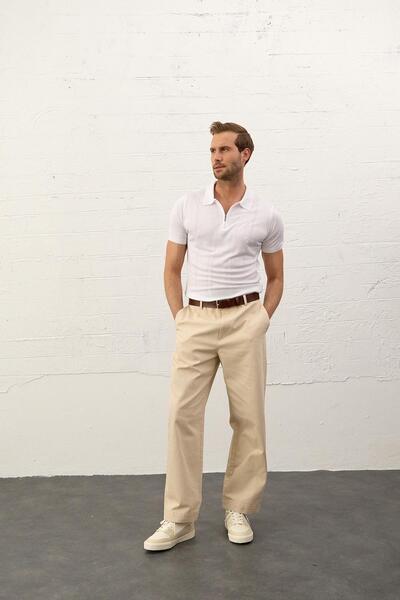 Danger Tricou pentru bărbați, slim-fit, cu fermoar, cu guler polo, tricotaj de vară, alb