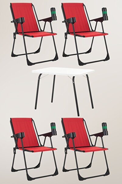 Armarks 4 Adet Katlanır Bardaklıklı Kamp Sandalye ve Masa Seti,Taşınabilir Pi...