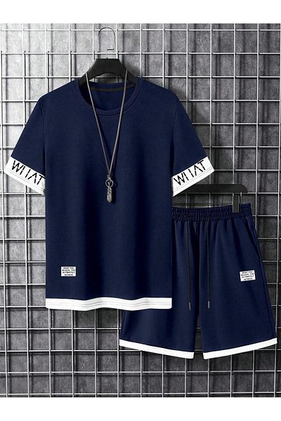 Benisengiydir Unisex Navy Blue Sleeve Detailed Printed Shorts Set