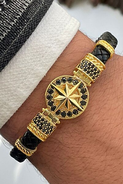 cheetah quality Pusula Figürlü Hakiki Deri Zirkon Taşlı Erkek Bileklik