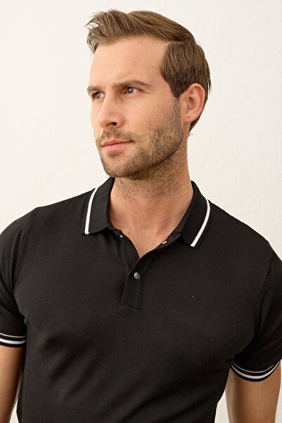 Danger Ανδρικό καλοκαιρινό πλεκτό μπλουζάκι με ριγέ Slim-fit γιακά πόλο, μαύρο