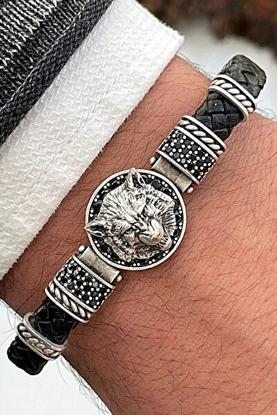 cheetahquality Wolf Head Genuine Leather Zircon Stone Men's Bracelet