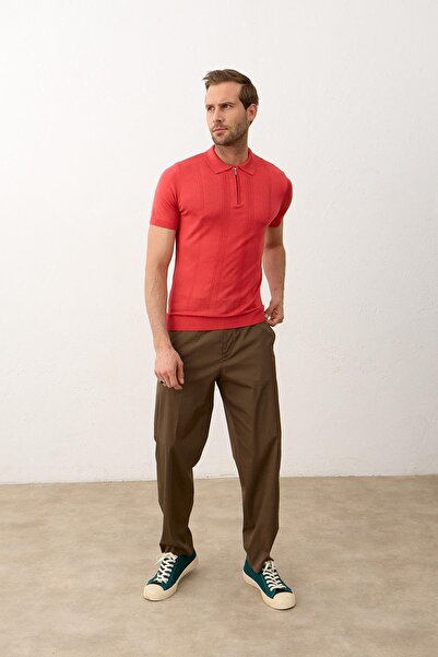 Danger Men's Zippered Slim-fit Fit Polo Collar Summer Knitwear T-shirt Pomegranate Flower