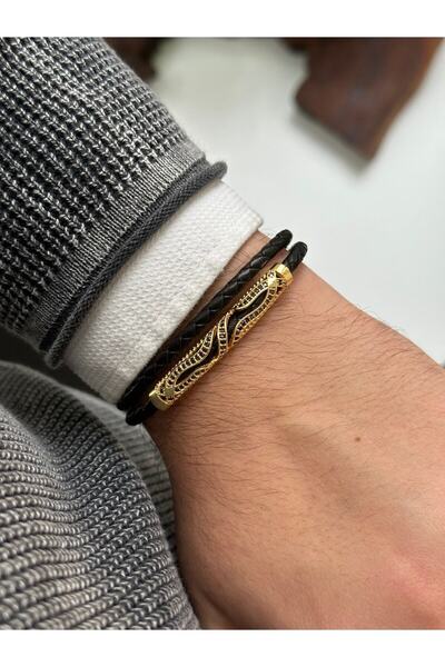 cheetah quality Zirkon Taş Işlemeli Hakiki Deri Erkek Bileklik